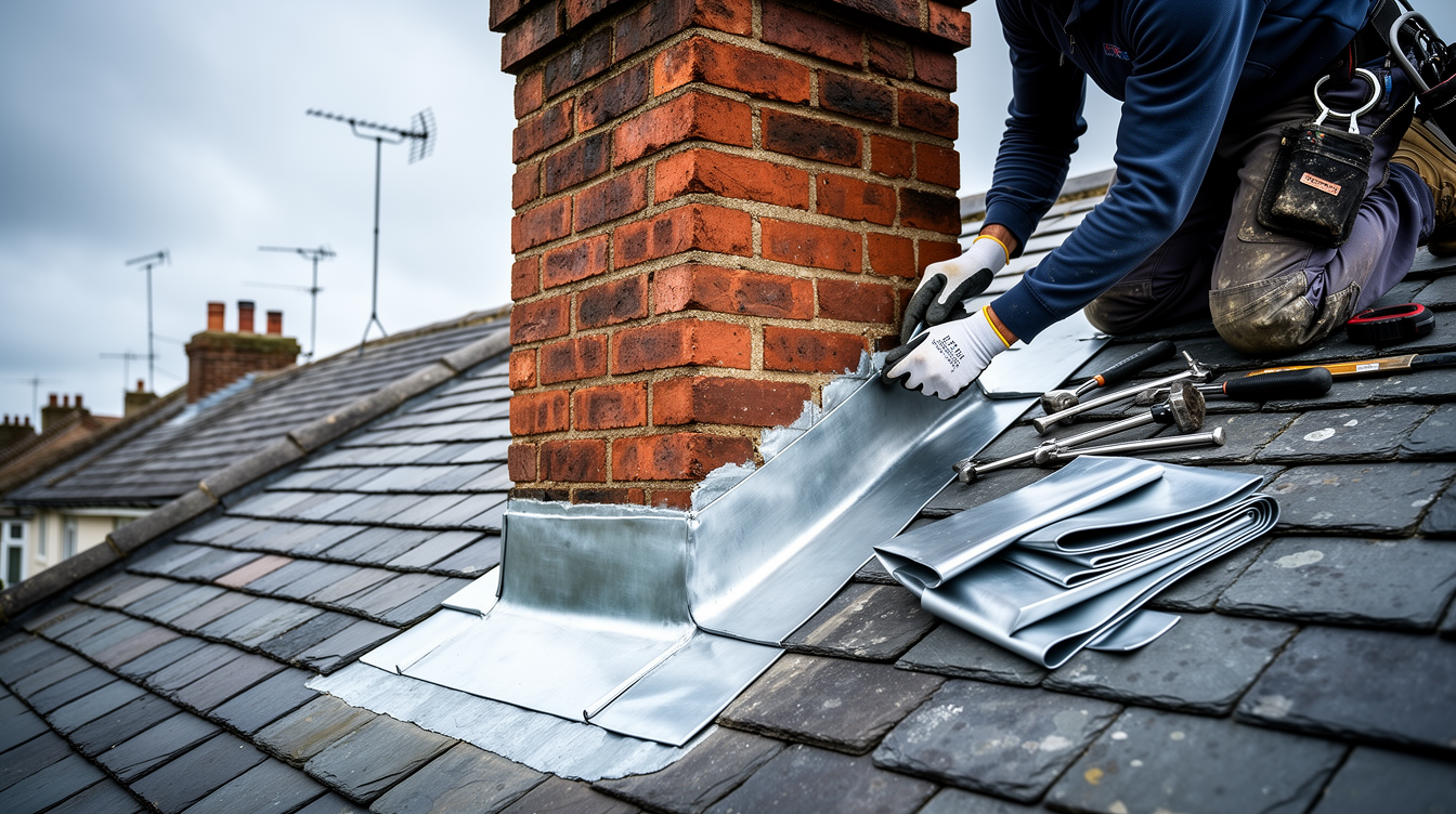 Lead flashing being fitted around a chimney on a pitched UK roof